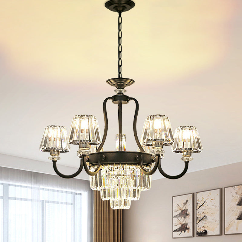Prismatic Crystal Cone Shade Chandelier Modern 3/6-Light Restaurant Hanging Lamp in Black 6 Black Clearhalo 'Ceiling Lights' 'Chandeliers' 'Modern Chandeliers' 'Modern' Lighting' 979471