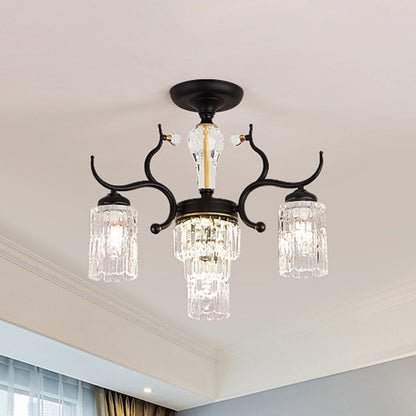 Cylindrical Bedroom Semi Flush Chandelier Contemporary Crystal 3/6 Heads Black Ceiling Mount Lamp 3 Black Clearhalo 'Ceiling Lights' 'Close To Ceiling Lights' 'Close to ceiling' 'Semi-flushmount' Lighting' 979476
