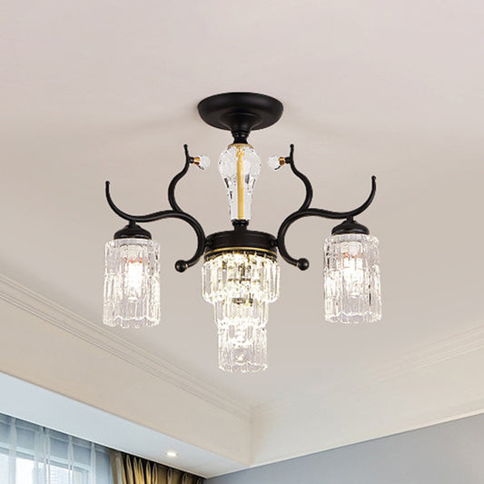Cylindrical Bedroom Semi Flush Chandelier Contemporary Crystal 3/6 Heads Black Ceiling Mount Lamp 3 Black Clearhalo 'Ceiling Lights' 'Close To Ceiling Lights' 'Close to ceiling' 'Semi-flushmount' Lighting' 979476
