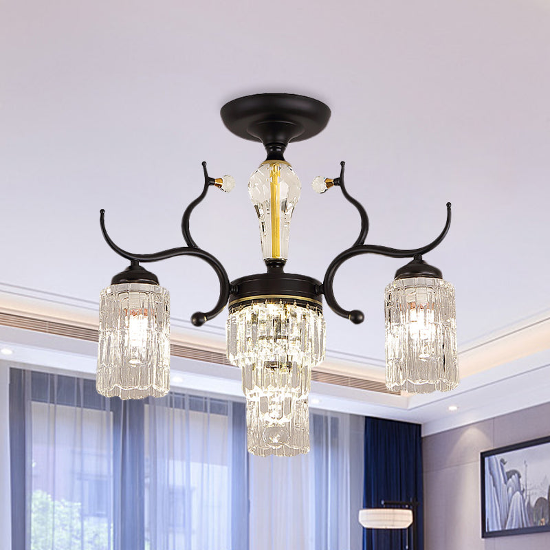 Cylindrical Bedroom Semi Flush Chandelier Contemporary Crystal 3/6 Heads Black Ceiling Mount Lamp Clearhalo 'Ceiling Lights' 'Close To Ceiling Lights' 'Close to ceiling' 'Semi-flushmount' Lighting' 979477