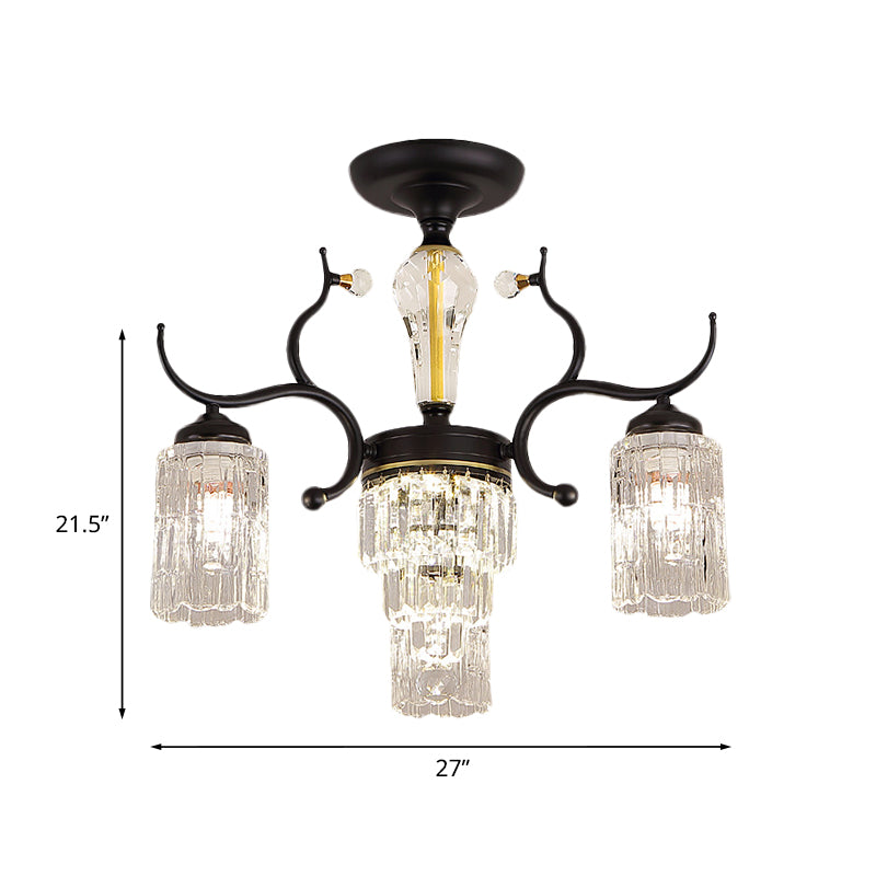 Cylindrical Bedroom Semi Flush Chandelier Contemporary Crystal 3/6 Heads Black Ceiling Mount Lamp Clearhalo 'Ceiling Lights' 'Close To Ceiling Lights' 'Close to ceiling' 'Semi-flushmount' Lighting' 979479