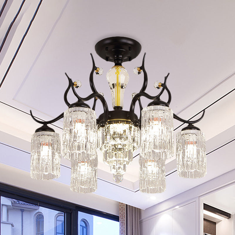 Cylindrical Bedroom Semi Flush Chandelier Contemporary Crystal 3/6 Heads Black Ceiling Mount Lamp 6 Black Clearhalo 'Ceiling Lights' 'Close To Ceiling Lights' 'Close to ceiling' 'Semi-flushmount' Lighting' 979480