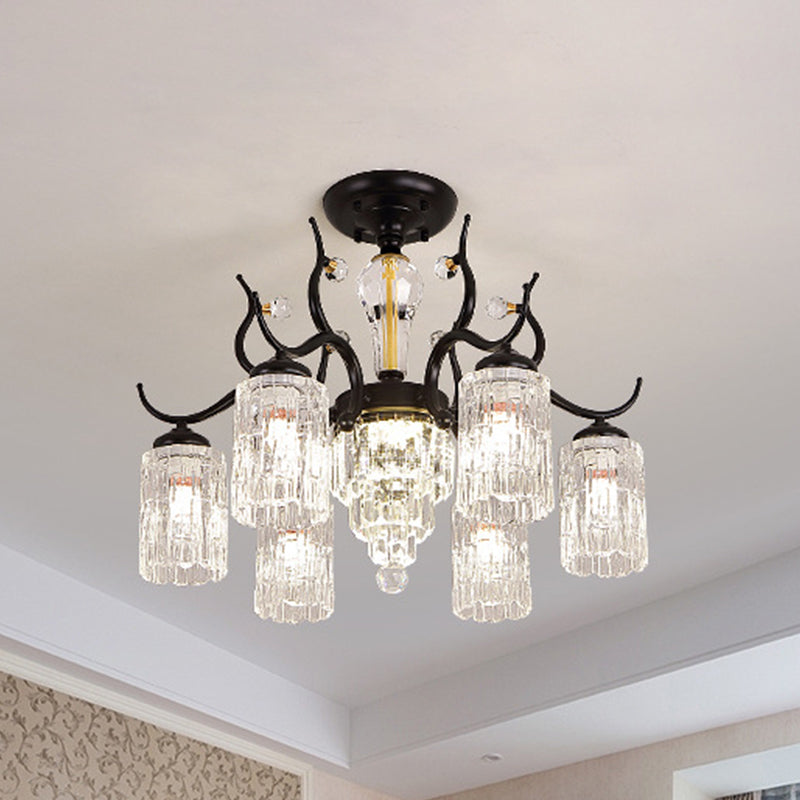Cylindrical Bedroom Semi Flush Chandelier Contemporary Crystal 3/6 Heads Black Ceiling Mount Lamp Clearhalo 'Ceiling Lights' 'Close To Ceiling Lights' 'Close to ceiling' 'Semi-flushmount' Lighting' 979481