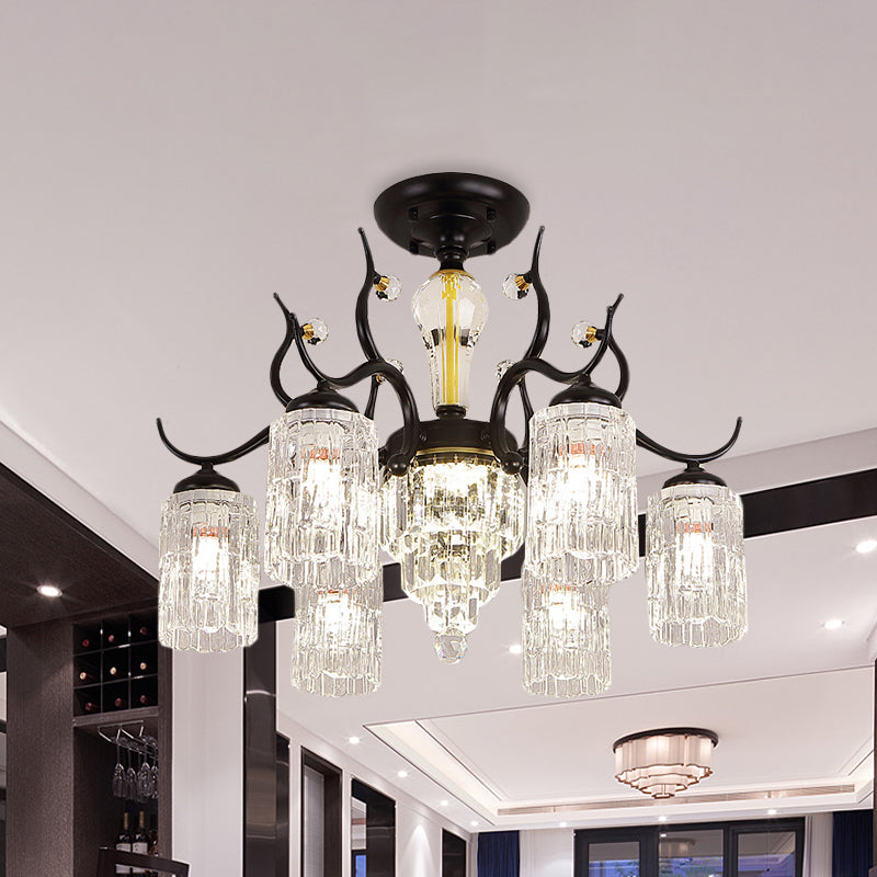 Cylindrical Bedroom Semi Flush Chandelier Contemporary Crystal 3/6 Heads Black Ceiling Mount Lamp Clearhalo 'Ceiling Lights' 'Close To Ceiling Lights' 'Close to ceiling' 'Semi-flushmount' Lighting' 979482