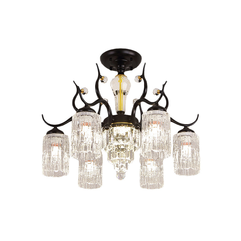 Cylindrical Bedroom Semi Flush Chandelier Contemporary Crystal 3/6 Heads Black Ceiling Mount Lamp Clearhalo 'Ceiling Lights' 'Close To Ceiling Lights' 'Close to ceiling' 'Semi-flushmount' Lighting' 979483