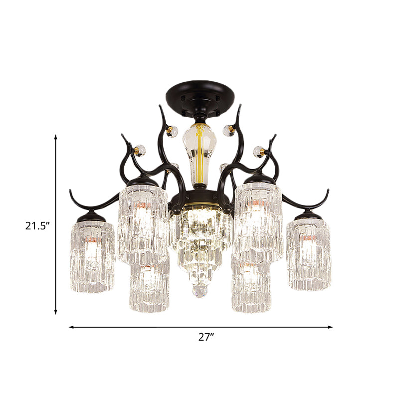 Cylindrical Bedroom Semi Flush Chandelier Contemporary Crystal 3/6 Heads Black Ceiling Mount Lamp Clearhalo 'Ceiling Lights' 'Close To Ceiling Lights' 'Close to ceiling' 'Semi-flushmount' Lighting' 979484