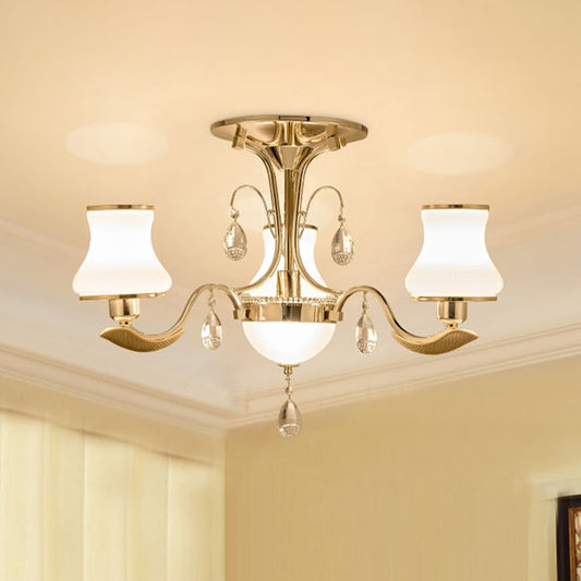 3/6 Bulbs Milk Glass Semi Mount Lighting Traditional Gold Pear Shaped Bedroom Close to Ceiling Light 3 Gold Clearhalo 'Ceiling Lights' 'Close To Ceiling Lights' 'Close to ceiling' 'Semi-flushmount' Lighting' 979485