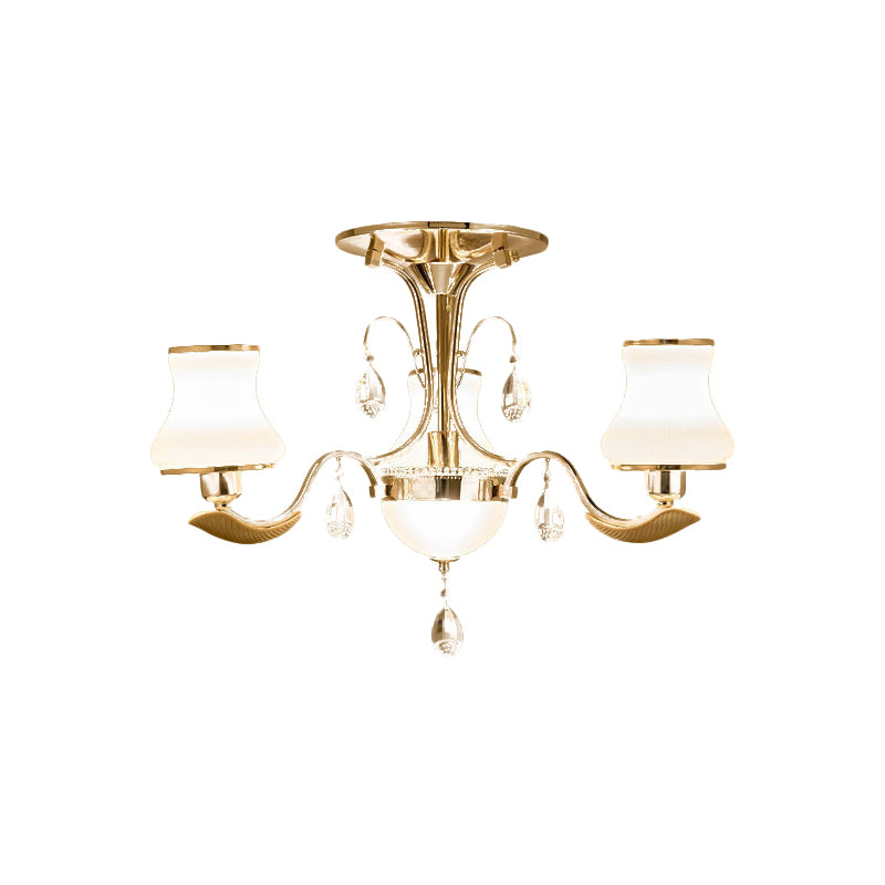 3/6 Bulbs Milk Glass Semi Mount Lighting Traditional Gold Pear Shaped Bedroom Close to Ceiling Light Clearhalo 'Ceiling Lights' 'Close To Ceiling Lights' 'Close to ceiling' 'Semi-flushmount' Lighting' 979486