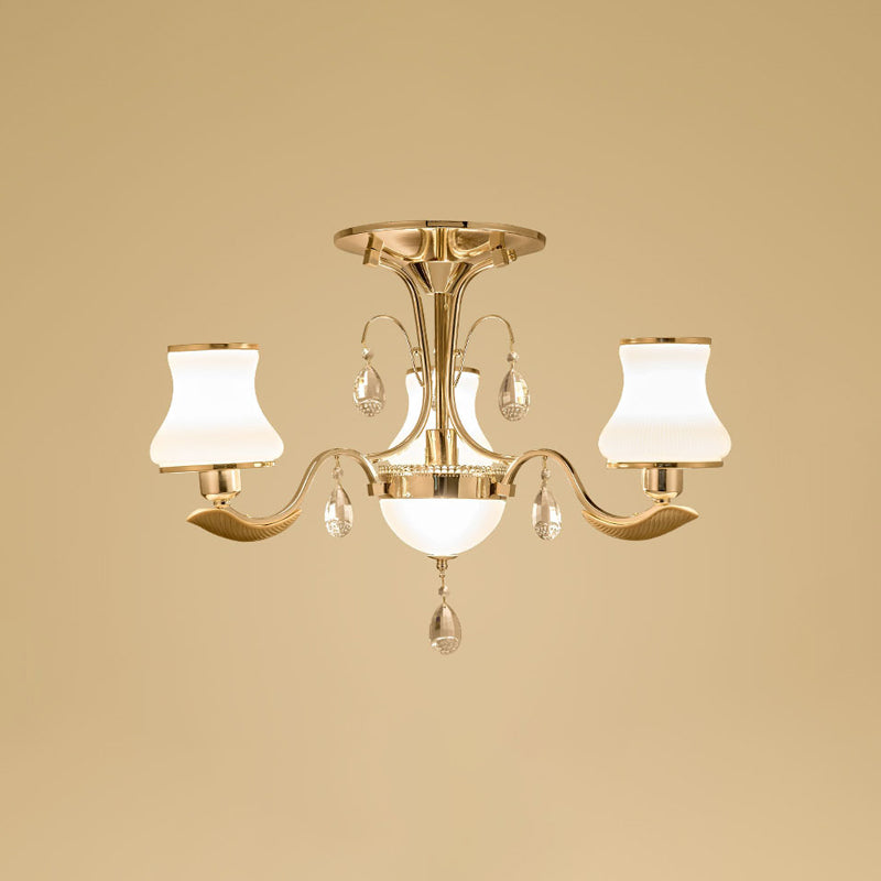 3/6 Bulbs Milk Glass Semi Mount Lighting Traditional Gold Pear Shaped Bedroom Close to Ceiling Light Clearhalo 'Ceiling Lights' 'Close To Ceiling Lights' 'Close to ceiling' 'Semi-flushmount' Lighting' 979487