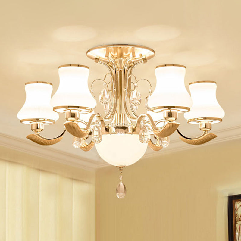 3/6 Bulbs Milk Glass Semi Mount Lighting Traditional Gold Pear Shaped Bedroom Close to Ceiling Light Clearhalo 'Ceiling Lights' 'Close To Ceiling Lights' 'Close to ceiling' 'Semi-flushmount' Lighting' 979490