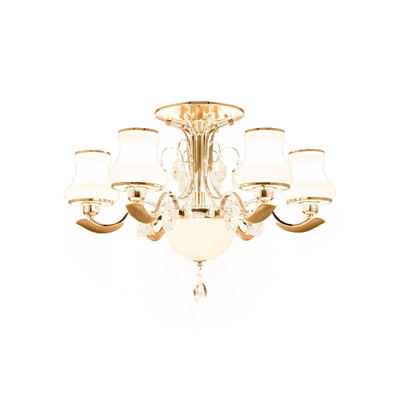 3/6 Bulbs Milk Glass Semi Mount Lighting Traditional Gold Pear Shaped Bedroom Close to Ceiling Light Clearhalo 'Ceiling Lights' 'Close To Ceiling Lights' 'Close to ceiling' 'Semi-flushmount' Lighting' 979491