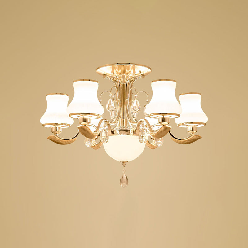 3/6 Bulbs Milk Glass Semi Mount Lighting Traditional Gold Pear Shaped Bedroom Close to Ceiling Light Clearhalo 'Ceiling Lights' 'Close To Ceiling Lights' 'Close to ceiling' 'Semi-flushmount' Lighting' 979492