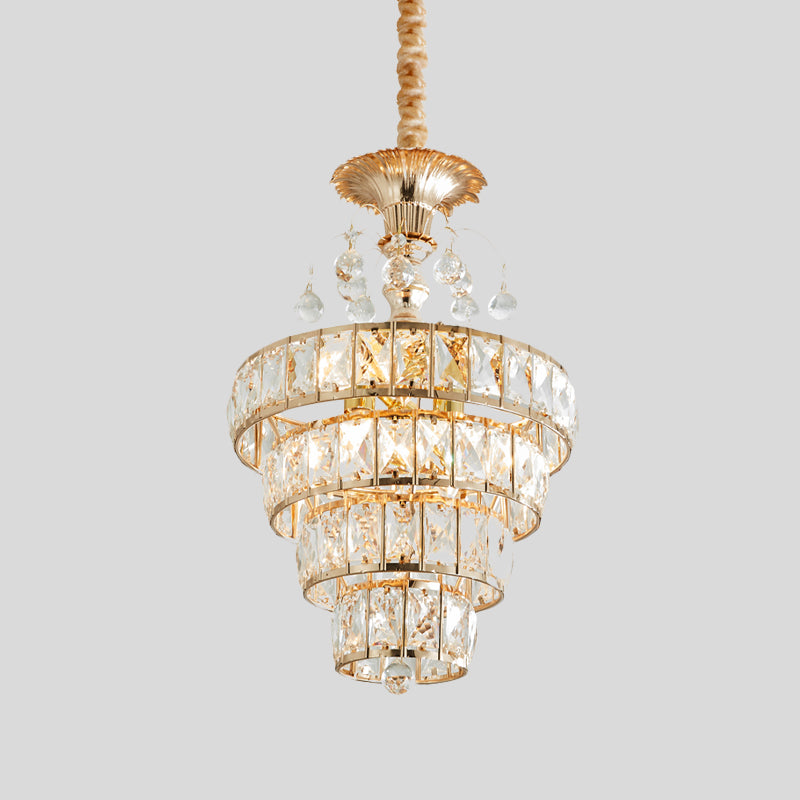 4-Tier Cone Crystal Drop Lamp Traditional 5 Lights Living Room Chandelier Pendant in Gold Clearhalo 'Ceiling Lights' 'Chandeliers' Lighting' options 979496