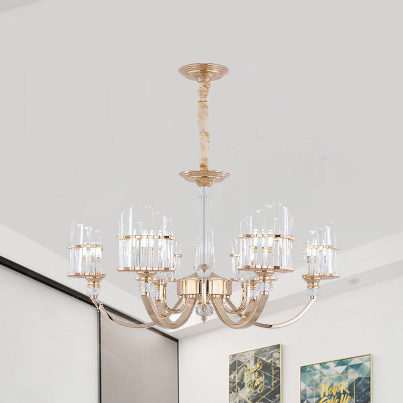 Gold Swoop Arm Chandelier Light Modern Style Crystal Prism 6 Lights Dining Table Suspension Lamp Gold Clearhalo 'Ceiling Lights' 'Chandeliers' 'Modern Chandeliers' 'Modern' Lighting' 979502