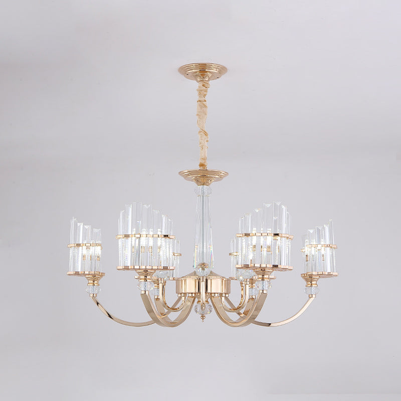 Gold Swoop Arm Chandelier Light Modern Style Crystal Prism 6 Lights Dining Table Suspension Lamp Clearhalo 'Ceiling Lights' 'Chandeliers' 'Modern Chandeliers' 'Modern' Lighting' 979503