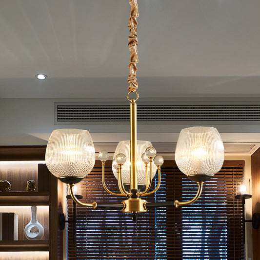Ribbed Glass Snifter Cup Pendant Lamp Postmodern 3/6 Heads Dining Room Up Chandelier in Brass 3 Brass Clearhalo 'Ceiling Lights' 'Chandeliers' 'Modern Chandeliers' 'Modern' Lighting' 979528