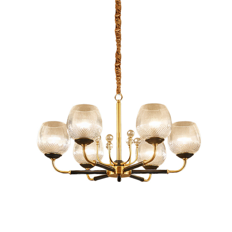 Ribbed Glass Snifter Cup Pendant Lamp Postmodern 3/6 Heads Dining Room Up Chandelier in Brass Clearhalo 'Ceiling Lights' 'Chandeliers' 'Modern Chandeliers' 'Modern' Lighting' 979534