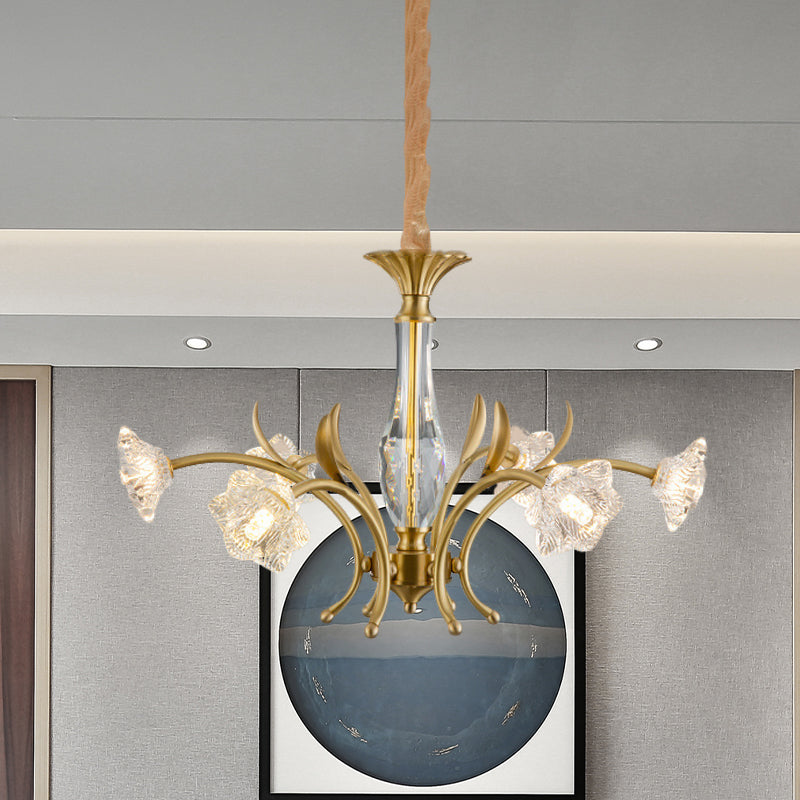 Gold 6-Light Hanging Pendant Postmodern Crystal Flowers Chandelier Lamp over Dining Table Gold Clearhalo 'Ceiling Lights' 'Chandeliers' 'Modern Chandeliers' 'Modern' Lighting' 979537