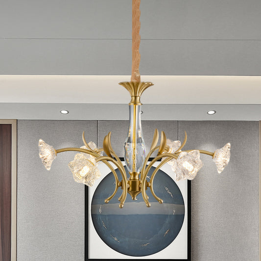 Gold 6-Light Hanging Pendant Postmodern Crystal Flowers Chandelier Lamp over Dining Table Gold Clearhalo 'Ceiling Lights' 'Chandeliers' 'Modern Chandeliers' 'Modern' Lighting' 979537