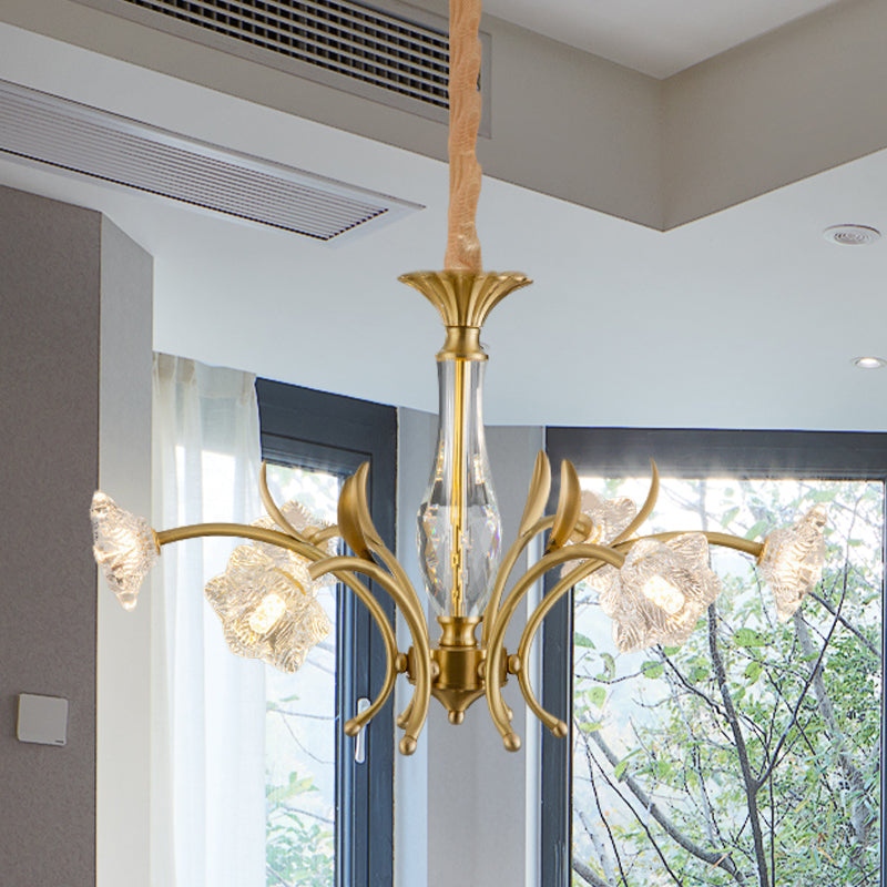 Gold 6-Light Hanging Pendant Postmodern Crystal Flowers Chandelier Lamp over Dining Table Clearhalo 'Ceiling Lights' 'Chandeliers' 'Modern Chandeliers' 'Modern' Lighting' 979538