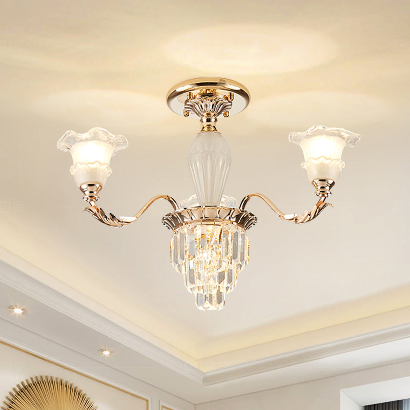 Bellflower Frosted Glass Semi Flush Light Modern 3/6-Bulb Bedroom Ceiling Mount Chandelier with Crystal Bottom in Gold 3 Gold Clearhalo 'Ceiling Lights' 'Close To Ceiling Lights' 'Close to ceiling' 'Semi-flushmount' Lighting' 979541