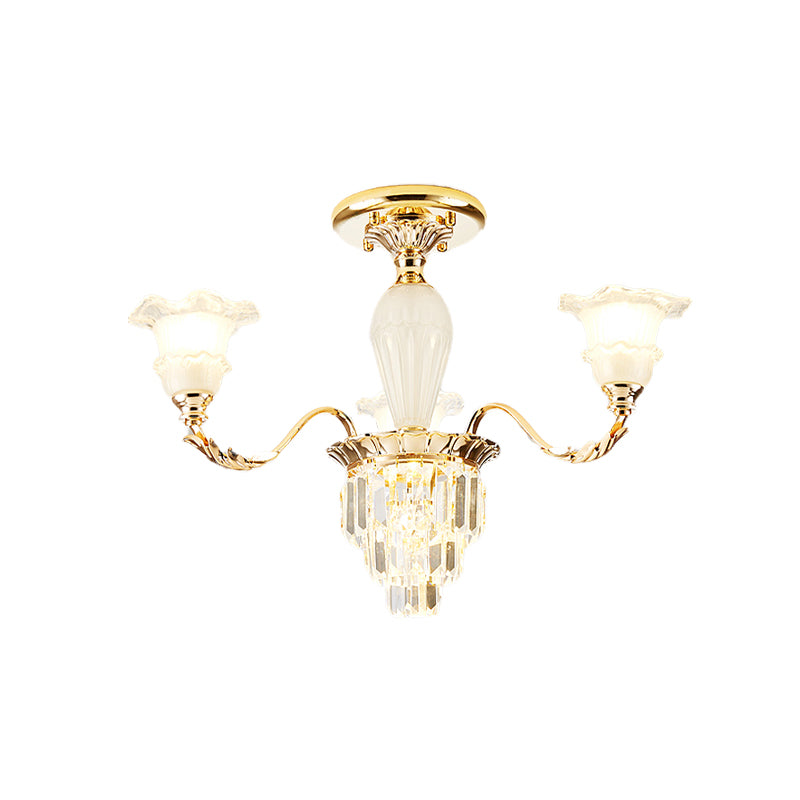 Bellflower Frosted Glass Semi Flush Light Modern 3/6-Bulb Bedroom Ceiling Mount Chandelier with Crystal Bottom in Gold Clearhalo 'Ceiling Lights' 'Close To Ceiling Lights' 'Close to ceiling' 'Semi-flushmount' Lighting' 979542