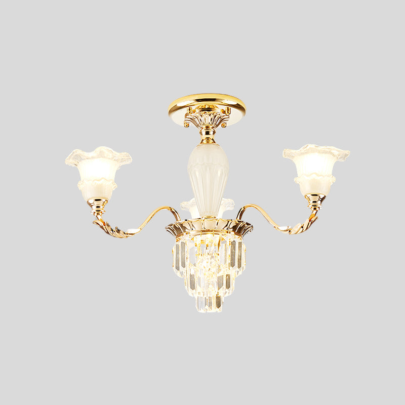 Bellflower Frosted Glass Semi Flush Light Modern 3/6-Bulb Bedroom Ceiling Mount Chandelier with Crystal Bottom in Gold Clearhalo 'Ceiling Lights' 'Close To Ceiling Lights' 'Close to ceiling' 'Semi-flushmount' Lighting' 979543