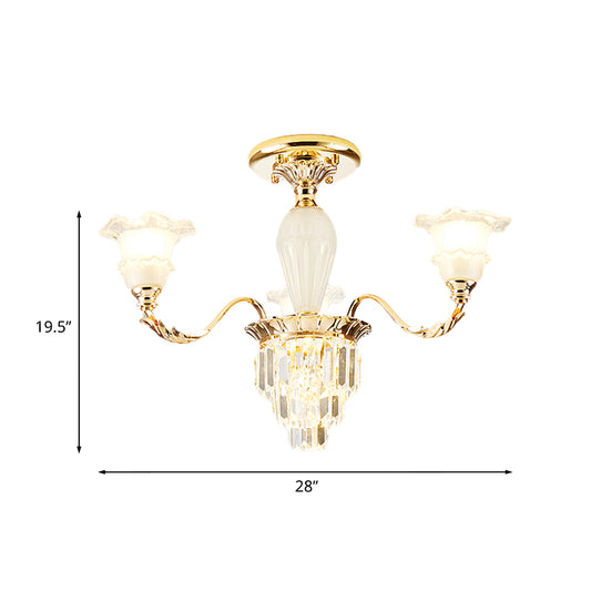 Bellflower Frosted Glass Semi Flush Light Modern 3/6-Bulb Bedroom Ceiling Mount Chandelier with Crystal Bottom in Gold Clearhalo 'Ceiling Lights' 'Close To Ceiling Lights' 'Close to ceiling' 'Semi-flushmount' Lighting' 979544