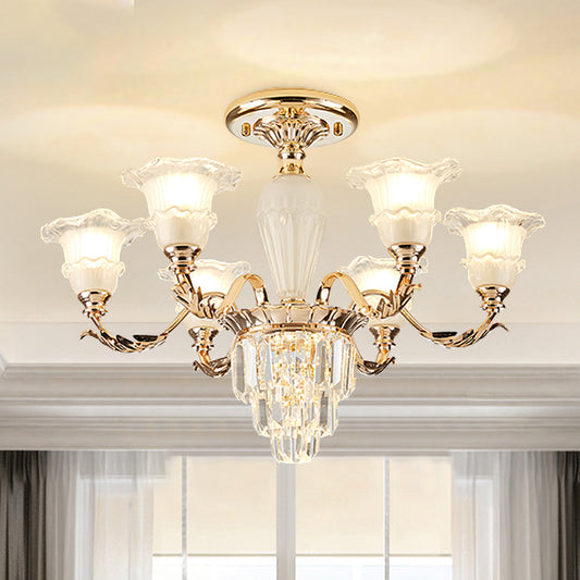 Bellflower Frosted Glass Semi Flush Light Modern 3/6-Bulb Bedroom Ceiling Mount Chandelier with Crystal Bottom in Gold 6 Gold Clearhalo 'Ceiling Lights' 'Close To Ceiling Lights' 'Close to ceiling' 'Semi-flushmount' Lighting' 979545