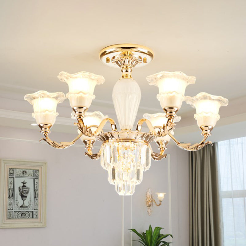 Bellflower Frosted Glass Semi Flush Light Modern 3/6-Bulb Bedroom Ceiling Mount Chandelier with Crystal Bottom in Gold Clearhalo 'Ceiling Lights' 'Close To Ceiling Lights' 'Close to ceiling' 'Semi-flushmount' Lighting' 979546