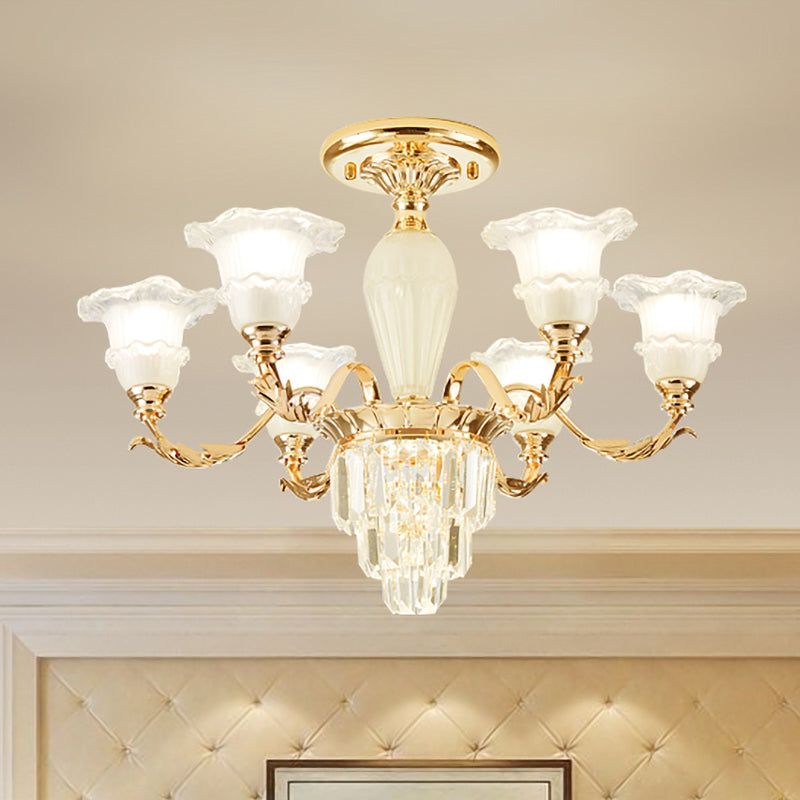 Bellflower Frosted Glass Semi Flush Light Modern 3/6-Bulb Bedroom Ceiling Mount Chandelier with Crystal Bottom in Gold Clearhalo 'Ceiling Lights' 'Close To Ceiling Lights' 'Close to ceiling' 'Semi-flushmount' Lighting' 979547