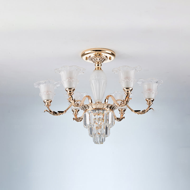 Bellflower Frosted Glass Semi Flush Light Modern 3/6-Bulb Bedroom Ceiling Mount Chandelier with Crystal Bottom in Gold Clearhalo 'Ceiling Lights' 'Close To Ceiling Lights' 'Close to ceiling' 'Semi-flushmount' Lighting' 979548