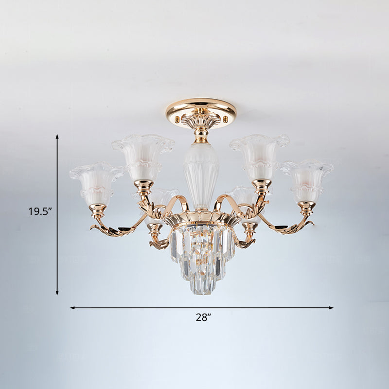 Bellflower Frosted Glass Semi Flush Light Modern 3/6-Bulb Bedroom Ceiling Mount Chandelier with Crystal Bottom in Gold Clearhalo 'Ceiling Lights' 'Close To Ceiling Lights' 'Close to ceiling' 'Semi-flushmount' Lighting' 979549
