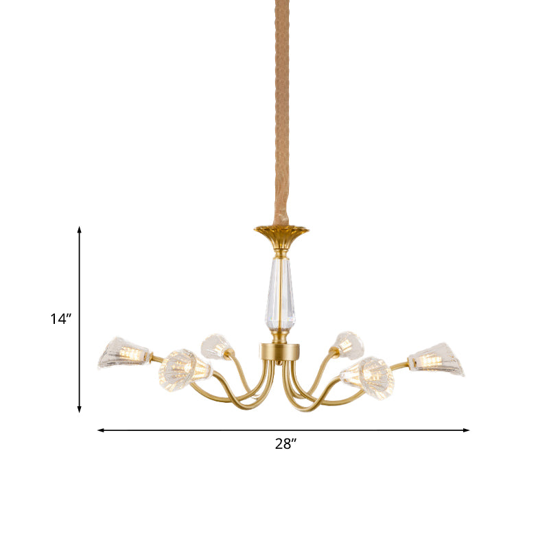 6-Head Burst Design Cone Chandelier Postmodern Gold Ribbed Crystal Hanging Light Fixture Clearhalo 'Ceiling Lights' 'Chandeliers' 'Modern Chandeliers' 'Modern' Lighting' 979553