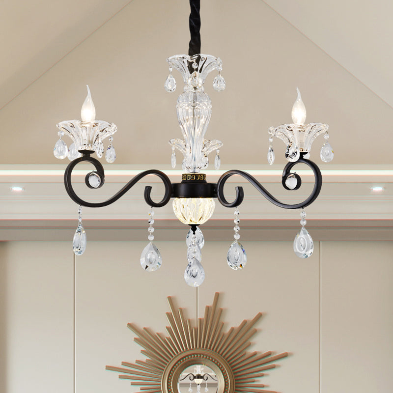 Modernist Scroll Pendant Chandelier Clear Crystal 3 Bulbs Bedroom Ceiling Hang Fixture in Black Black Clearhalo 'Ceiling Lights' 'Chandeliers' 'Modern Chandeliers' 'Modern' Lighting' 979590
