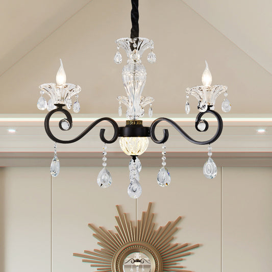 Modernist Scroll Pendant Chandelier Clear Crystal 3 Bulbs Bedroom Ceiling Hang Fixture in Black Black Clearhalo 'Ceiling Lights' 'Chandeliers' 'Modern Chandeliers' 'Modern' Lighting' 979590