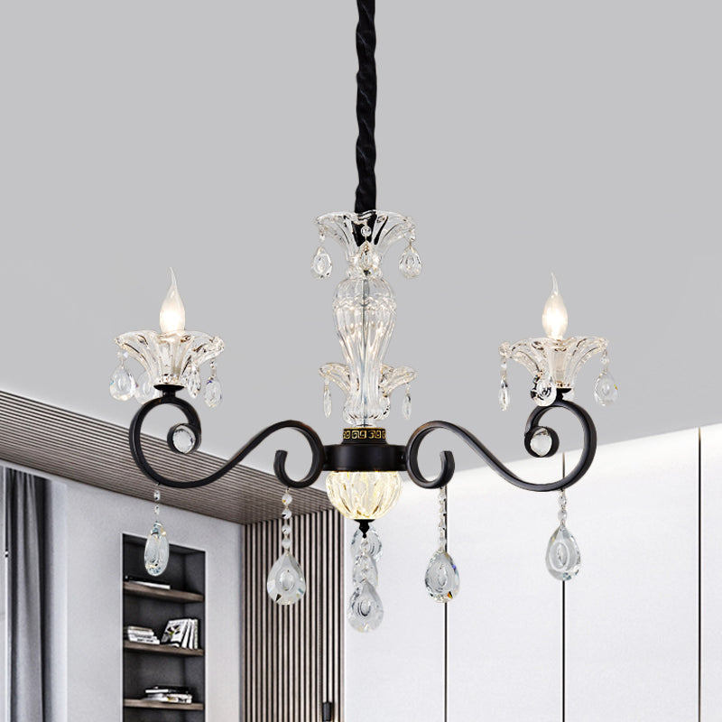 Modernist Scroll Pendant Chandelier Clear Crystal 3 Bulbs Bedroom Ceiling Hang Fixture in Black Clearhalo 'Ceiling Lights' 'Chandeliers' 'Modern Chandeliers' 'Modern' Lighting' 979591