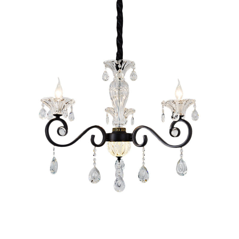 Modernist Scroll Pendant Chandelier Clear Crystal 3 Bulbs Bedroom Ceiling Hang Fixture in Black Clearhalo 'Ceiling Lights' 'Chandeliers' 'Modern Chandeliers' 'Modern' Lighting' 979592