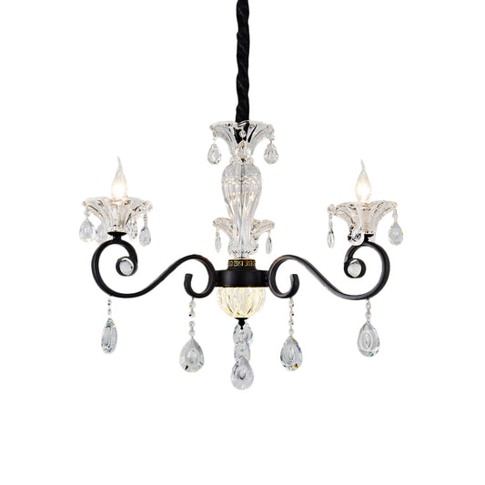 Modernist Scroll Pendant Chandelier Clear Crystal 3 Bulbs Bedroom Ceiling Hang Fixture in Black Clearhalo 'Ceiling Lights' 'Chandeliers' 'Modern Chandeliers' 'Modern' Lighting' 979592
