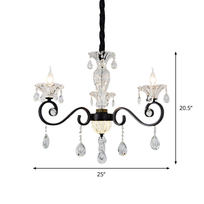Modernist Scroll Pendant Chandelier Clear Crystal 3 Bulbs Bedroom Ceiling Hang Fixture in Black Clearhalo 'Ceiling Lights' 'Chandeliers' 'Modern Chandeliers' 'Modern' Lighting' 979593