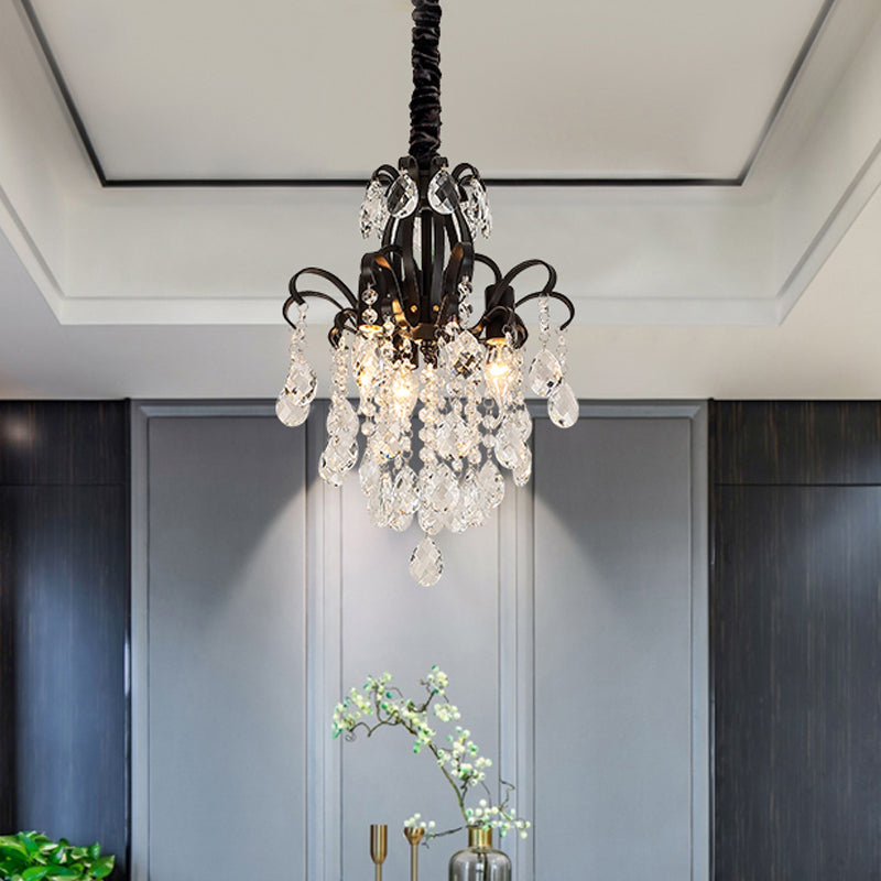 Black Finish Candelabra Hanging Chandelier Modernist 3 Heads Crystal Drop Pendulum Light Black Clearhalo 'Ceiling Lights' 'Chandeliers' 'Modern Chandeliers' 'Modern' Lighting' 979594