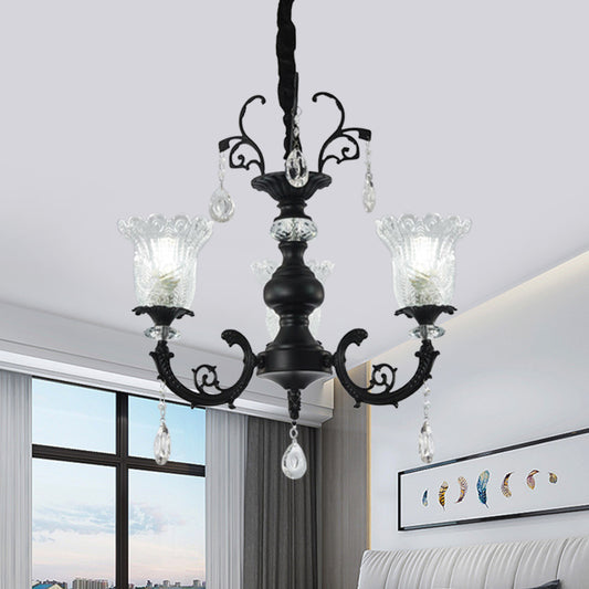 Flower Shape Bedroom Suspension Light Clear Crystal Glass 3-Light Modernism Chandelier Lamp in Black Black Clearhalo 'Ceiling Lights' 'Chandeliers' 'Modern Chandeliers' 'Modern' Lighting' 979598