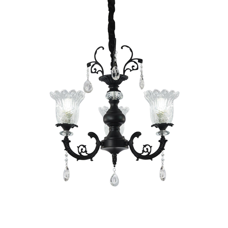 Flower Shape Bedroom Suspension Light Clear Crystal Glass 3-Light Modernism Chandelier Lamp in Black Clearhalo 'Ceiling Lights' 'Chandeliers' 'Modern Chandeliers' 'Modern' Lighting' 979600