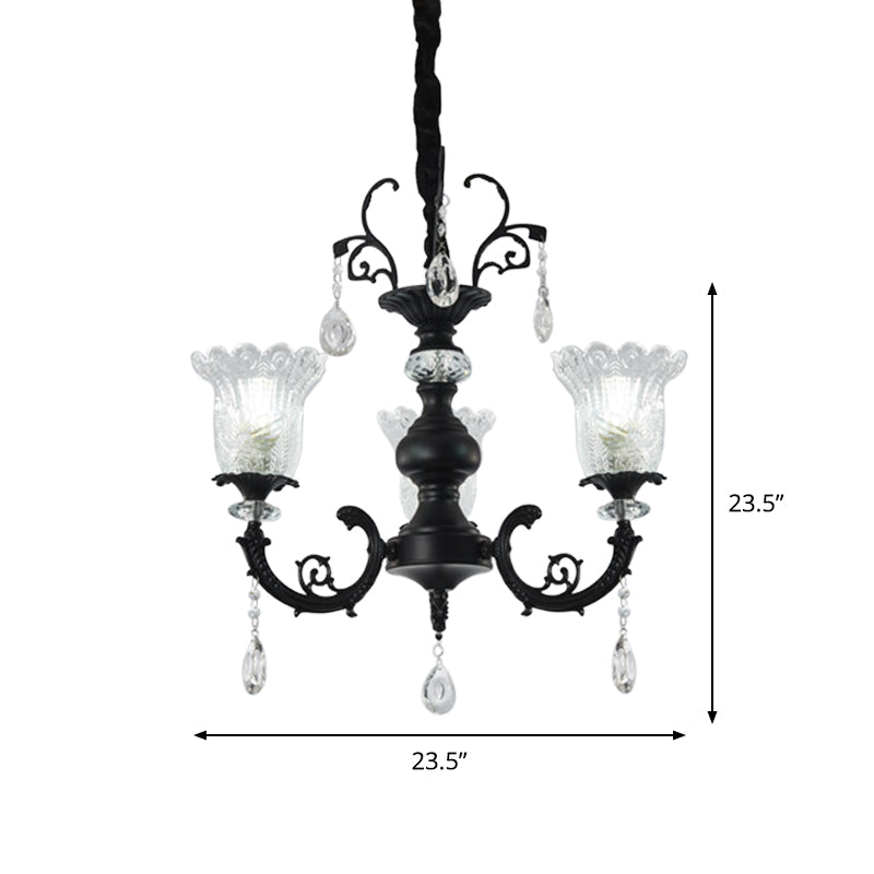 Flower Shape Bedroom Suspension Light Clear Crystal Glass 3-Light Modernism Chandelier Lamp in Black Clearhalo 'Ceiling Lights' 'Chandeliers' 'Modern Chandeliers' 'Modern' Lighting' 979601