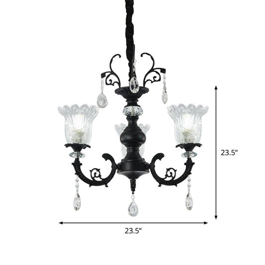 Flower Shape Bedroom Suspension Light Clear Crystal Glass 3-Light Modernism Chandelier Lamp in Black Clearhalo 'Ceiling Lights' 'Chandeliers' 'Modern Chandeliers' 'Modern' Lighting' 979601