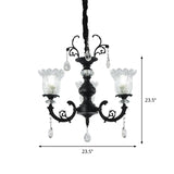 Flower Shape Bedroom Suspension Light Clear Crystal Glass 3-Light Modernism Chandelier Lamp in Black Clearhalo 'Ceiling Lights' 'Chandeliers' 'Modern Chandeliers' 'Modern' Lighting' 979601