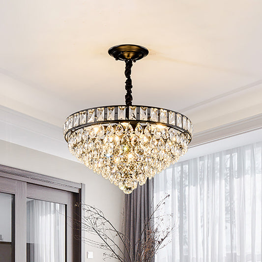6-Head Bedroom Hanging Lighting Modernism Black Finish Ceiling Chandelier with Conic Crystal Drip Shade Clearhalo 'Ceiling Lights' 'Chandeliers' 'Modern Chandeliers' 'Modern' Lighting' 979603