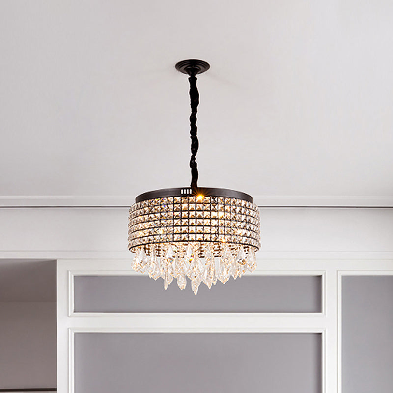 Crystal Encrusted Drum Chandelier Lighting Modernist 5 Lights Black Finish Suspension Lamp with Droplet Clearhalo 'Ceiling Lights' 'Chandeliers' 'Modern Chandeliers' 'Modern' Lighting' 979611