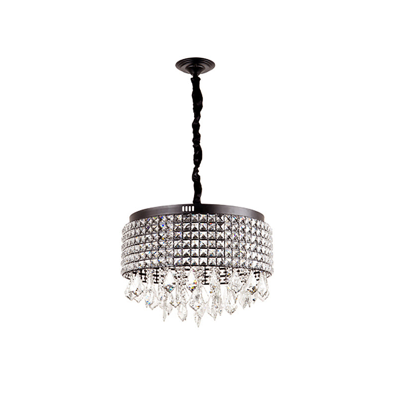 Crystal Encrusted Drum Chandelier Lighting Modernist 5 Lights Black Finish Suspension Lamp with Droplet Clearhalo 'Ceiling Lights' 'Chandeliers' 'Modern Chandeliers' 'Modern' Lighting' 979612