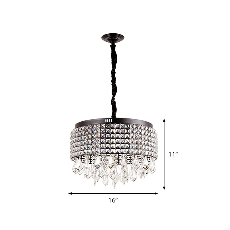 Crystal Encrusted Drum Chandelier Lighting Modernist 5 Lights Black Finish Suspension Lamp with Droplet Clearhalo 'Ceiling Lights' 'Chandeliers' 'Modern Chandeliers' 'Modern' Lighting' 979613